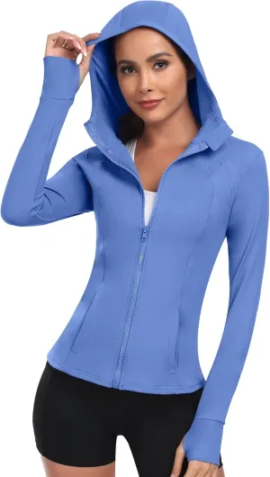 Women's Hooded Athletic Full Zip Workout Jacket With Pockets Running Slim Fit Yoga Sportwear With Thumb Holes