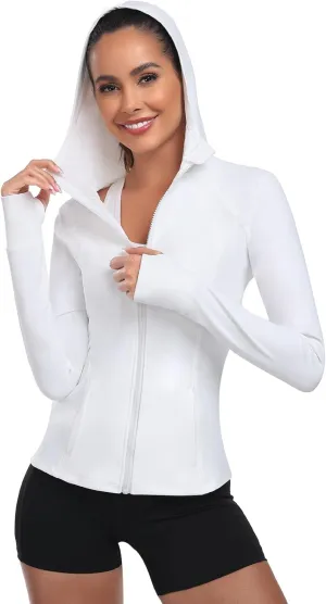 Women's Hooded Athletic Full Zip Workout Jacket With Pockets Running Slim Fit Yoga Sportwear With Thumb Holes
