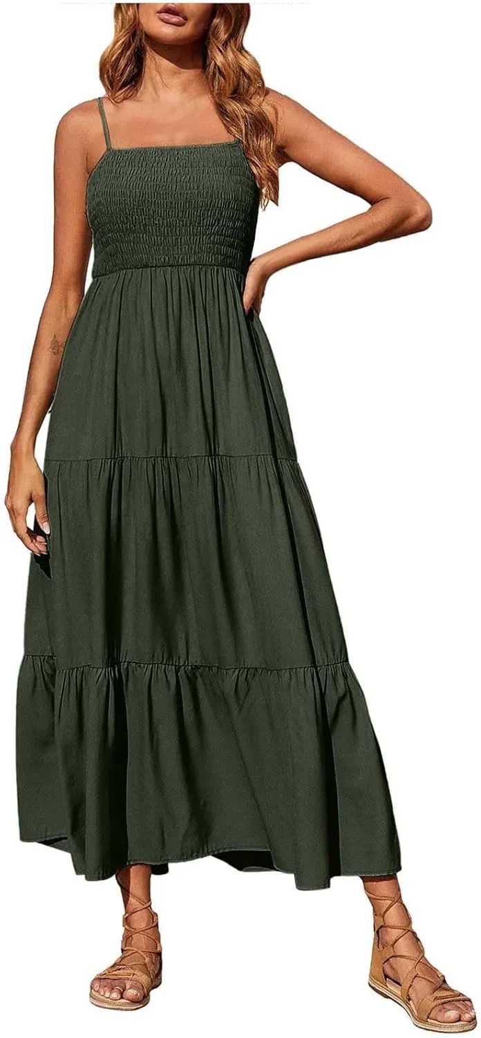 Women's Summer Maxi Dress 2025 Casual Boho Sleeveless Spaghetti Strap Smocked Tiered Long Beach Sundresses