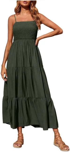 Women's Summer Maxi Dress 2025 Casual Boho Sleeveless Spaghetti Strap Smocked Tiered Long Beach Sundresses