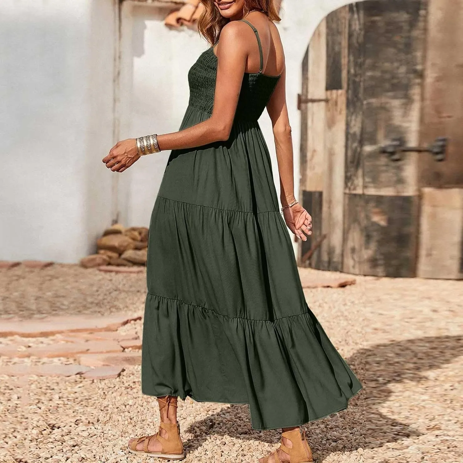 Women's Summer Maxi Dress 2025 Casual Boho Sleeveless Spaghetti Strap Smocked Tiered Long Beach Sundresses