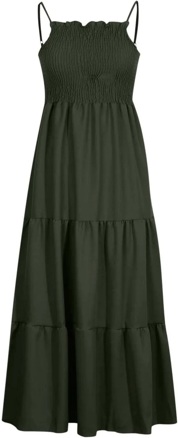 Women's Summer Maxi Dress 2025 Casual Boho Sleeveless Spaghetti Strap Smocked Tiered Long Beach Sundresses