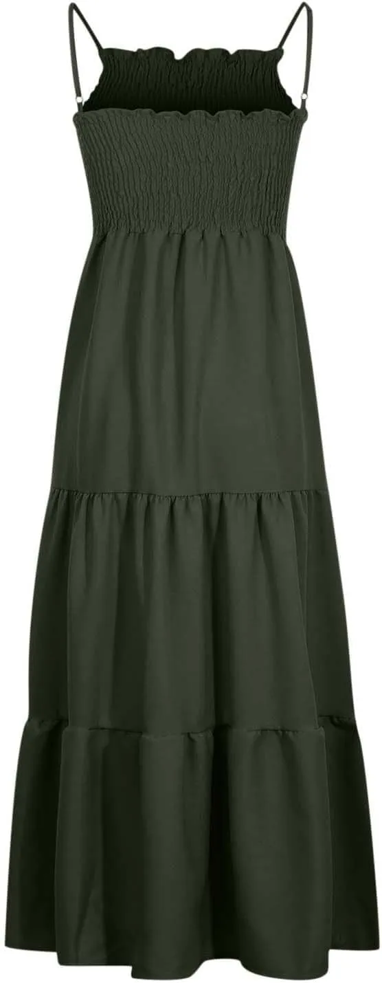 Women's Summer Maxi Dress 2025 Casual Boho Sleeveless Spaghetti Strap Smocked Tiered Long Beach Sundresses