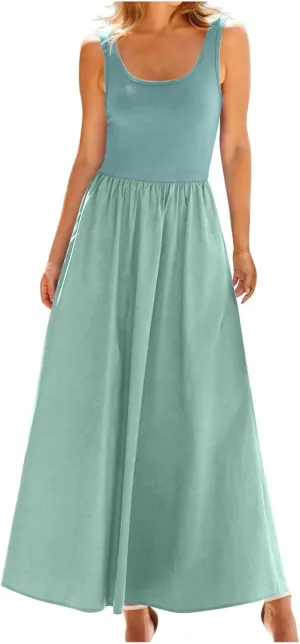 Women's Summer Sleeveless Tank Dress Casual A Line Scoop Neck Maxi Sundress Beach Flowy Pleated Wrap Long Dresses