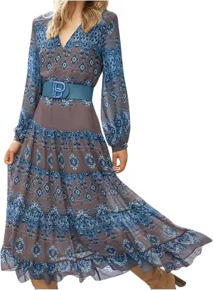 Women's V Neck Ethnic Style Empire Waist Slim Chiffon Dress Fall Long Sleeve A-Line Swing Dresses for Women Casual Maxi Dress