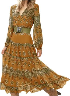 Women's V Neck Ethnic Style Empire Waist Slim Chiffon Dress Fall Long Sleeve A-Line Swing Dresses for Women Casual Maxi Dress