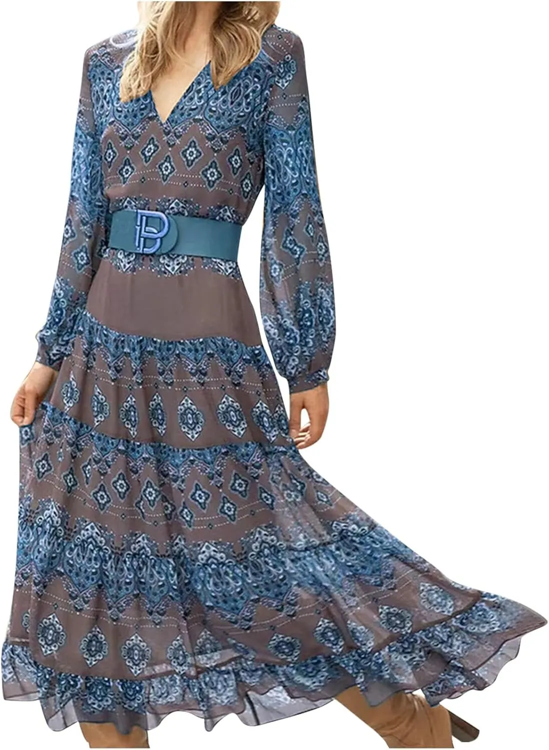 Women's V Neck Ethnic Style Empire Waist Slim Chiffon Dress Fall Long Sleeve A-Line Swing Dresses for Women Casual Maxi Dress