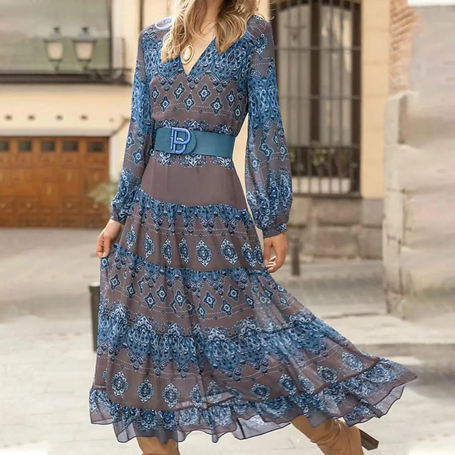 Women's V Neck Ethnic Style Empire Waist Slim Chiffon Dress Fall Long Sleeve A-Line Swing Dresses for Women Casual Maxi Dress